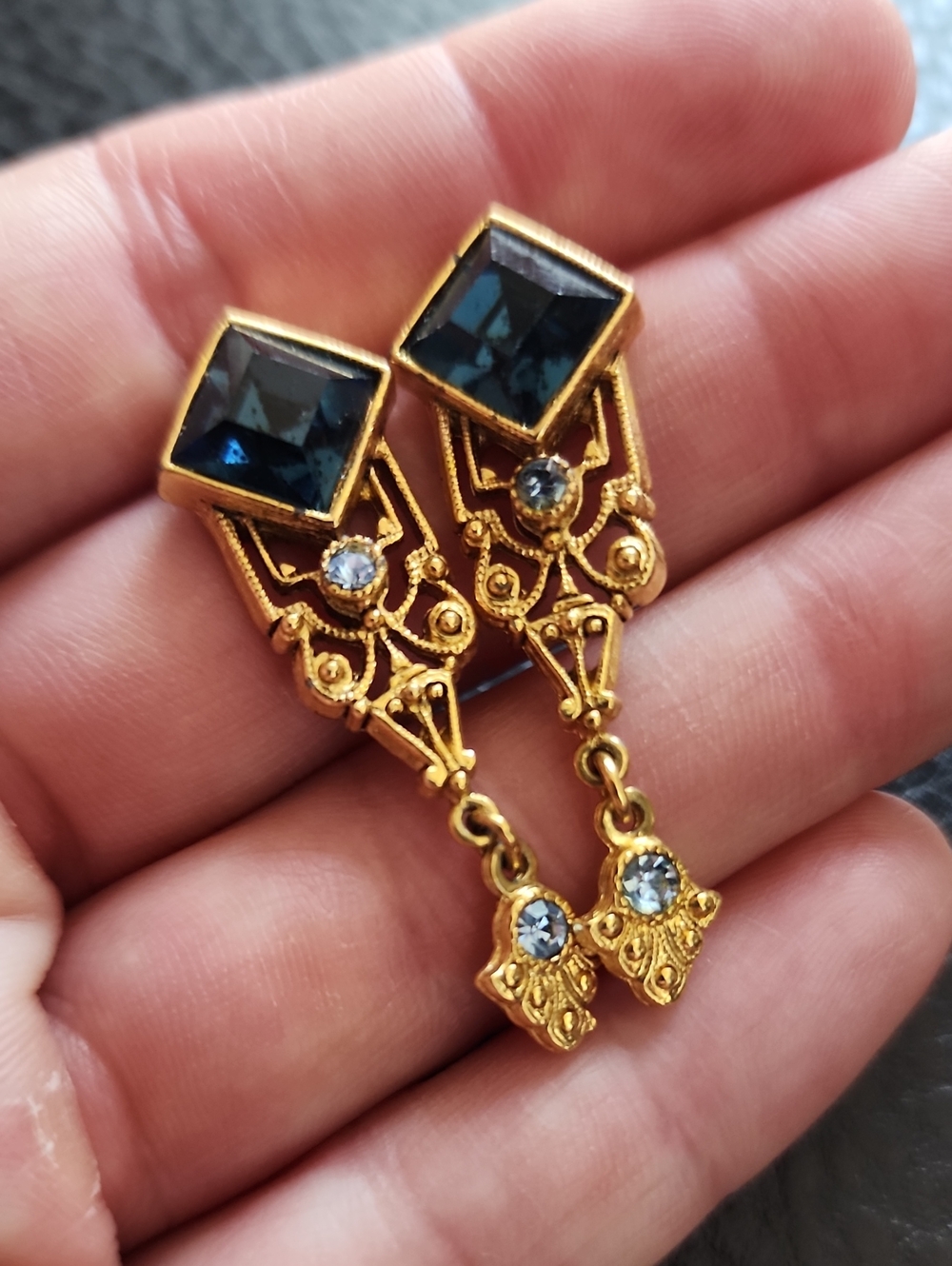 1928 Gold-Tone Blue Crystal Drop Earrings - Elegant Vintage Style